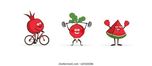 Set of fruits and vegetables doing sport. illustration isolated on white background. Cute and focused fruits and vegetable characters. vector illustration