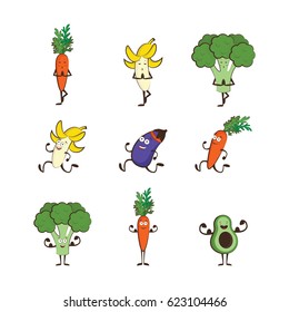 Set of fruits and vegetables doing sport -avocado, carrot, banana, eggplant, broccoli, cartoon vector illustration isolated on white background. Cute and focused fruit and vegetable characters