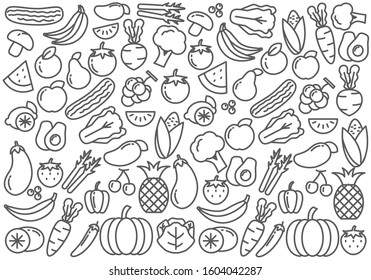 Set of fruits and vegetables doodle vector - healthy food doodle background 