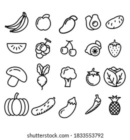 Set Of Fruits And Vegetables Doodle Vector Design With Cute Black Line Design. Hand Drawn Icon Set.