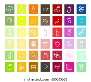 Set of fruits, vegetables and drinks icons. Vector illustration. Restaurant menu assets.