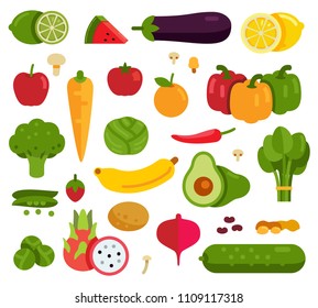 set of fruits and vegetables in flat style vector illustration