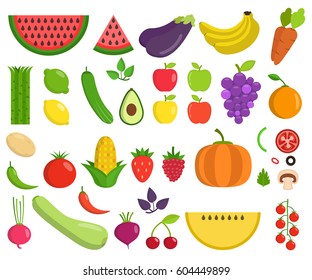 Set of fruits and vegetables. Flat vector illustration.