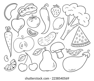 Conjunto de frutas y verduras. Ilustración vectorial dibujada por mano