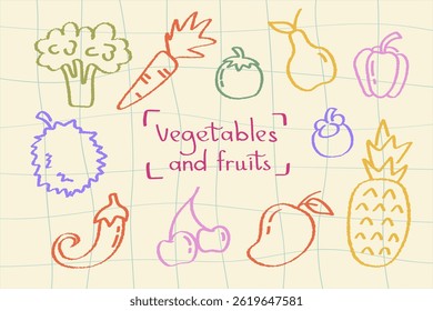 Set of fruits and vegetables hand drawn colorful doodle sketch healthy food illustration on beige background. Sketch style doodles on beige textured