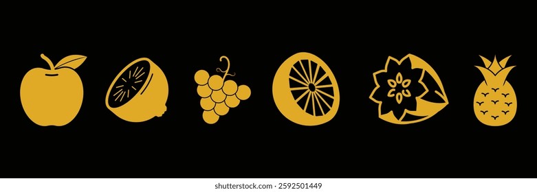 Set of fruits and vegetables icon collection with black background. Apple, watermelon, strawberry, kiwi symbol Vector Illustration.