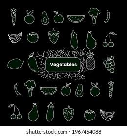 Set of fruits and vegetables. icon and illustration fruits with flat design with black background