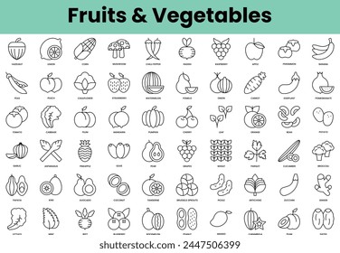 Set of fruits and vegetables icons. Linear style icon bundle. Vector Illustration