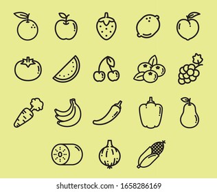 Set of fruits and vegetables icons outline style. Fruits and vegetables line icon set, farm food symbols collection. Ícones de frutas e vegetais.