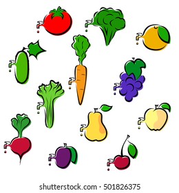 Set of fruits and vegetables icons simplistically painted with a tap from dripping juice