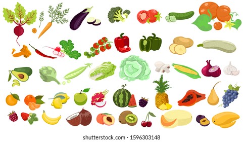 Set of fruits and vegetables isolated on a white background. Vector graphics.