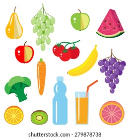Set of fruits and vegetables isolated on white.