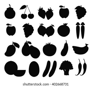 Set of Fruits and Vegetables Isolated Vector. Illustration. Cute Cartoon. Silhouette