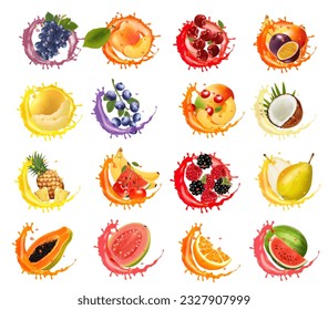 Set of fruits and vegetables in juice splashes. Apricot, watermelon, cherry, raspberry, blackberry, coconut, pear, sweet melon, pineapple, strawberry in juice splash and drops. Vector illustration.