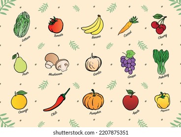 Set of fruits and vegetables : lettuce, tomato, banana, carrot, cherry, pear, mushroom, garlic, grape, pokchoy, orange, chili, pumpkin apple, paprica. Drawings for poster, card or background