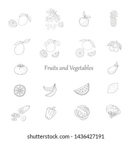 Set of fruits and vegetables. Line art icons ang logo design elements.