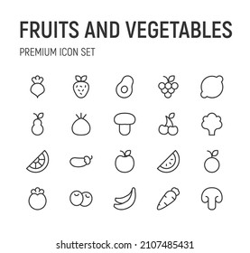 Set of fruits and vegetables line icons. Premium pack of signs in trendy style. Pixel perfect objects for UI, apps and web. 