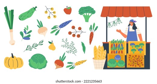 Set of fruits and vegetables, market stall and female seller - flat vector illustration on white background. Freshly harvested organic veggies for sale in local market. Happy farmer woman.