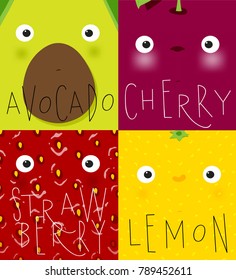 Set of fruits and vegetables muzzles avocado, cherry, strawberry, lemon drawing in cute cartoon style
