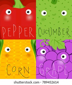 Set of fruits and vegetables muzzles pepper, cucumber, corn, grape drawing in cute cartoon style