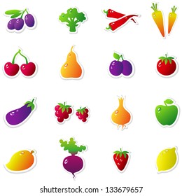 Set of fruits and vegetables: olives, broccoli, chili, carrots, cherries, berries, pears, plums, tomatoes, eggplant, raspberries, onion, apple, mango, beets, strawberries, lemon. Vector illustration