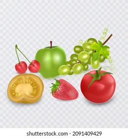 Set of fruits and vegetables on a transparent background, fresh vegetables and fruits in a realistic style