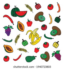 set of fruits and vegetables on white background. watermelon, chili, paprika, tomato, grain, papaya, kiwi, grape, banana, apple. hand drawn vector. doodle for kids, wallpaper, wrapping paper, card. 