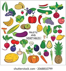 Set of fruits and vegetables on a white background. Line art style.