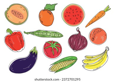 Set of fruits and vegetables on white background