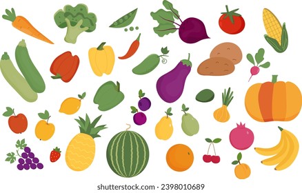 Set of fruits and vegetables on white background. Organic products. Vhegetarianism. Illustrations for web sites, mobile apps, infograthics, banners, printed materials. 