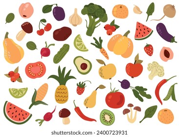 Set of fruits and vegetables on a white isolated background.