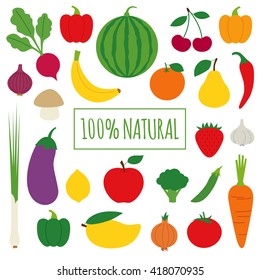 Set of fruits and vegetables on white background. Natural foods flat design illustration vector.