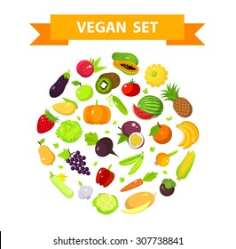 Set of fruits and vegetables in a round form.