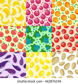 Set of fruits and vegetables seamless pattern vectors. Flat style. Banana, orange, apple, grape, lemon, potatoes, tomatoes, pomegranate, eggplant ornament for wallpapers, web design, backgrounds. 