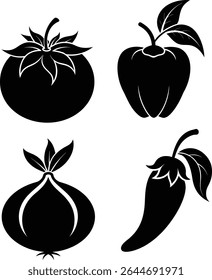 set of fruits and vegetables silhouette illustration design