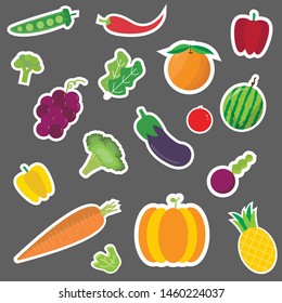 Set of fruits and vegetables stickers.Healthy food icons.Vector illustration.