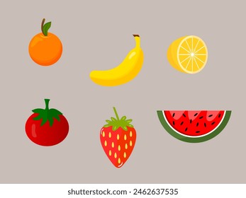 A set of fruits and vegetables. strawberry, watermelon, tomato, banana, orange, lemon
