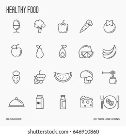 Set of fruits and vegetables thin line icons. Healthy food. Vector illustration.