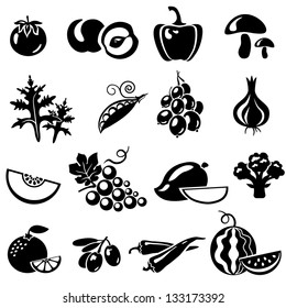 Set of fruits and vegetables: tomato, peach, onion, pepper, paprika, mushrooms, arugula, peas, gooseberries, melon, grapes, mango, broccoli, orange, olives, chili, watermelon. Vector illustration