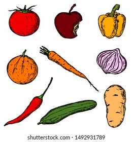 Set of fruits and vegetables. Vector cartoon illustrations. Isolated objects on a white background. Hand-drawn style.