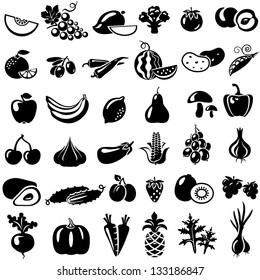 Set of fruits and vegetables. Vector illustration. Tomato, peach, onion, pepper, mushrooms, arugula, beans, melon, grapes, mango, broccoli, orange, olives, watermelon, banana, apple, lemon, pear