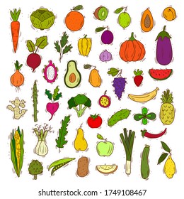Set of fruits and vegetables, vector illustration clip art - Farm produce collection, cooking, healthy veggie food - Vector objects isolated