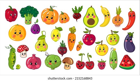 Set of fruits and vegetables vector illustration isolated on a white background. Painted cute cartoon characters. 