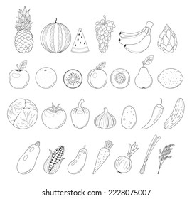 Set of fruits and vegetables. Vector illustration. Childrens coloring book. Monochrome, black and white graphic. Isolated on white.