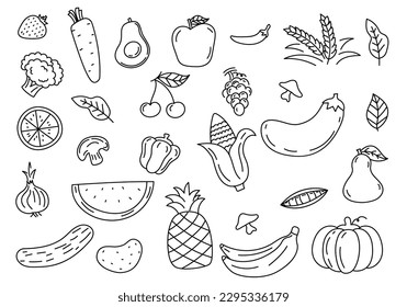 Set of fruits and vegetables vector illustration in cute doodle style. Vegan foods vector collection