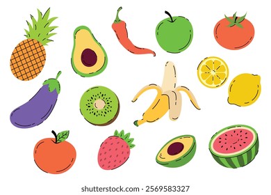 Set of fruits and vegetables. Vector illustration in flat style.