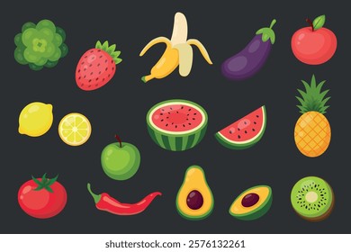 Set of fruits and vegetables. Vector illustration in flat style.