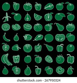 Set of fruits and vegetables. Vector illustration. Isolated on black
