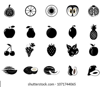 Set of fruits and vegetables. Vector illustration.Black silhouette 