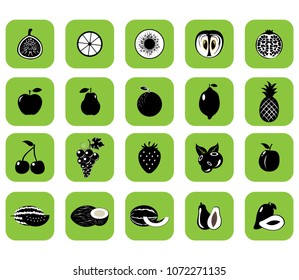 Set of fruits and vegetables. Vector illustration.Black silhouette
